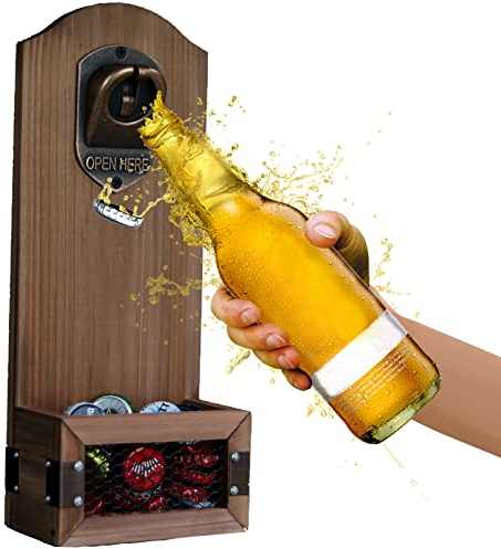 ZONSUSE Ouvre-bouteille Mural,Decapsuleur Mural Biere,Décapsuleur Original,Avec Cap Catcher,Cadeau Homme Original,Accessoires de bière Bar Decor Mens Papa Frère Mari Anniversaire (Aucune Trace)
