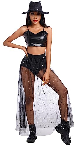 Damen 2 in 1 Transparent Mesh Rock Mit Hose Drunter High Waist T?llrock Lang Maxirock Glitzer Stern Strandrock Rave Outfit Musikfestivals Party Streetwear Clubwear Sommerrock Cover Up Schwarz S