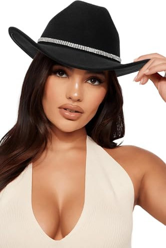 Western-Cowboyhut mit Strasssteinen für Herren und Damen, klassischer aufrollbarer Fedora-Hut mit Diamantband, Schwarz, Größe 11, M