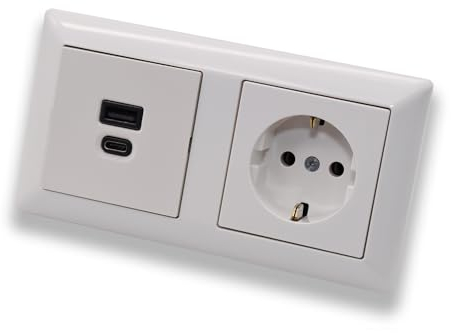 EBROM USB-C und USB-A Unterputz Steckdose/Lader, 45+15 Watt Leistung – Schnellladefunktion für Wearables, Smartphones Tablets + Jung Steckdose A1520WW in AS500 alpinweiß glänzend