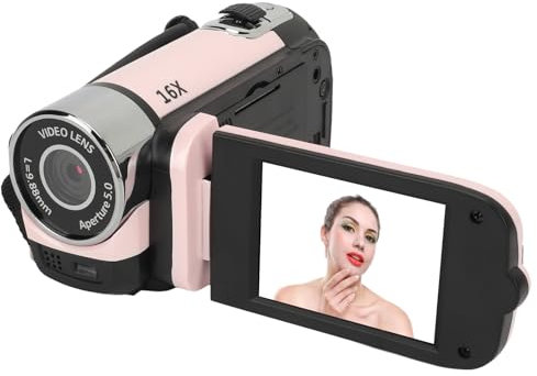 Videocámara D90 1080P, Cámara Digital de 16 MP con Zoom de 16X, Pantalla Giratoria de 2,4 Pulgadas, Luz de Relleno, Antivibración, Grabación en Bucle para Principiantes (Rosado)