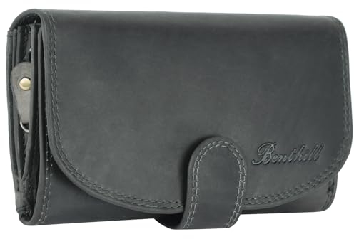 Benthill Damen Geldbörse Echt Leder - Portemonnaie mit RFID Schutz - Portmonee viele Kartenfächer - Echtleder Vintage Damenbörse inkl. Geschenkbox, Farbe:Olive - Grau