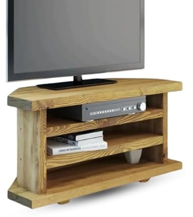 BLU Coast Bolderwood Solid Wood Corner Tv Unit, Widescreen Open Shelf Natural Wood Rustic Media Cabinet, Storage for Sound Bars, Gaming Consoles and Home Electronics 140lx40Dx52H – Jacobean