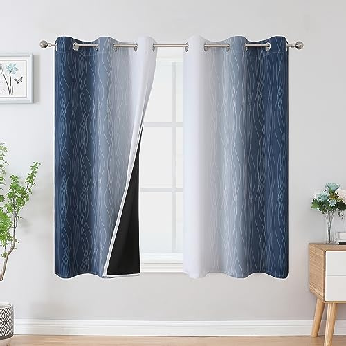 VEHEDE Navy Blue and Greyish White Ombre Blackout Curtains 45 Inch Drop, Wave Stripe Thermal Eyelet Curtains for Kitchen, Light Blocking Gradient Drapes for Bathroom, W42 x L45 Inch, 2 Panels