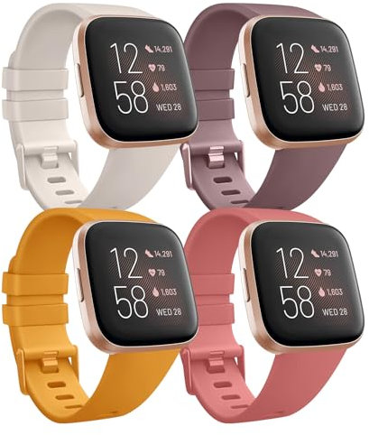 Mugust 4PACK Correas para Fitbit Versa 2 Mujer Hombre,Correas Silicona Pulseras de Repuesto para Fitbit Versa/Versa 2/Versa Lite/Versa SE(S,Starlight/Humo morado/Cúrcuma/Rojo Coral)