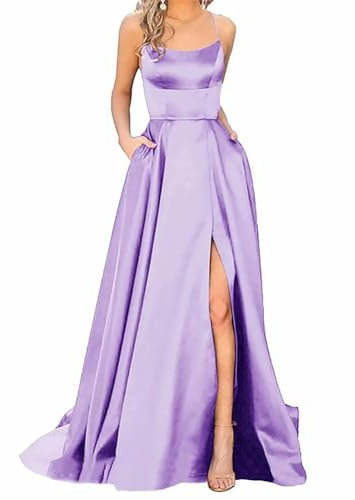 Robe Longue en Satin pour Femmes, Fente, Robe de soirée de Mariage avec Poches, Robes de soirée élégantes pour Femmes -Violet-M