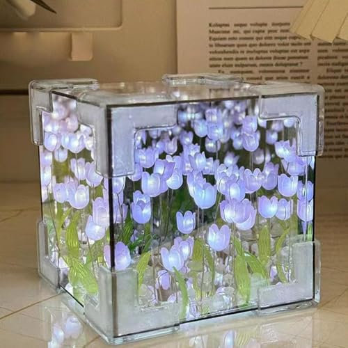 Blossom Box, DIY Tulips Cube Mirror Lamp, Tulpen Lampe, DIY Tulpen Nachtlicht Tulpe Lampe, Spiegel Blumen Nachtlicht, LED Tulpen Nachtlicht, Würfel Tulpenspiegel dekorative Tischleuchte (Lila)