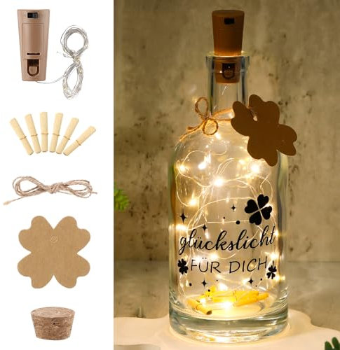 taonganui LED Flaschenlicht mit Spruch, Personalisiert Beleuchtete Glückslicht mit Korkstopfen & Geschenkanhänger, Leuchtflasche Dekoflaschen für Konfirmation Geschenk freundin Geburtstag Geburt