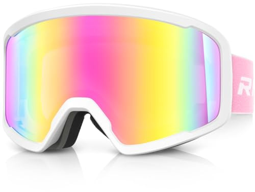 RIOROO Men Women Ski/Snowboard Goggles, Anti Fog 100% UV Protection, OTG Design, Dual-Venting System, Red, White