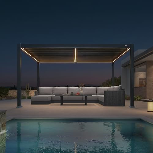 PURPLE LEAF Pavillon 3 x 4.25 m mit Lamellendach Terrassenüberdachung Wasserdicht Stabil Winterfest Pergola Freistehend Verstellbaren Alu-Lamellen mit LED-Lichtleiste für Garten, Grau