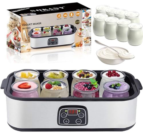 RIUGHJID Máquina eléctrica de Yogur de 1400 ml, yogurtera, Pantalla LED y Temporizador con recipientes de Vidrio de 180 ml