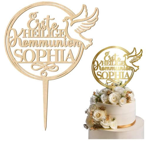 decoresca Personalisierte Erste Heilige Kommunion Kuchendeko, Personalisiert mit Name, Farbe & Material, Tortenaufsatz, Kuchendekoration, Tortenstecker in Acryl & Sperrholz (Version 1 - Taube)