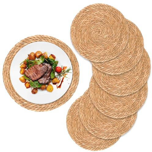 6 Pack Round Woven Placemats, 30cm Place Mats for Table Natural Handmade Woven table mats Large Water Hyacinth Placemats Braided Wicker ta-ble place m-ats for Dining Table, Kitchen, Restaurant Hotel
