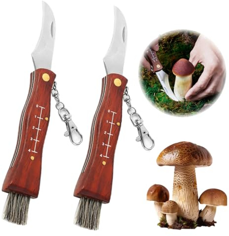 YINZZTRY Holzgriff Pilzmesser, 2 Stück Schwammerlmesser für Pilzsammler, Klappmesser mit Schlüsselanhänger, Bürste und Skala, Anwendbar auf Outdoor Pilze Sammeln