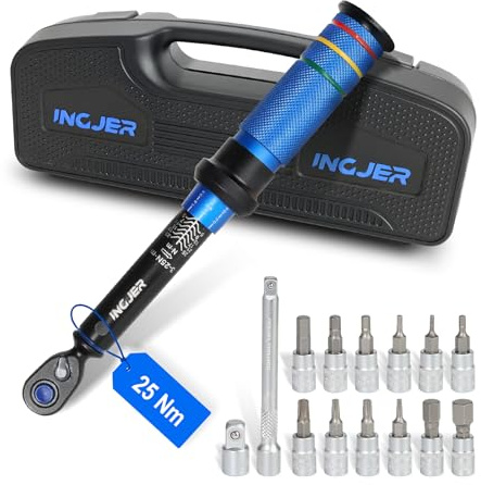 INGJER Drehmomentschlüssel 1/4, 3-25 Nm, 15-tlg. Set für Fahrrad | torque wrench 1/4 Zoll, Drehmomentschlüssel Fahrrad mit Inbussockel und Torx-Bits, inklusive Verlängerung