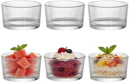 6-Pack Glass Dessert Bowl Set, 6.5 oz Ribbed Ice Cream, Sundae, Salad, Fruit, Parfait Serving Bowls, Dishwasher Safe