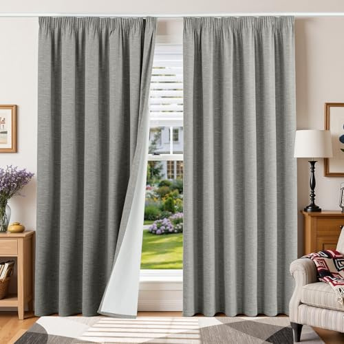 Runyéla 100% Blickdichte Vorhänge mit Kräuselband Leinen Blackout Curtain | Thermovorhänge Kälteschutz Leinenoptik Verdunklungsvorhänge 2er Set, H 245 x B 200 cm Hellgrau Gardinen Wohnzimmer