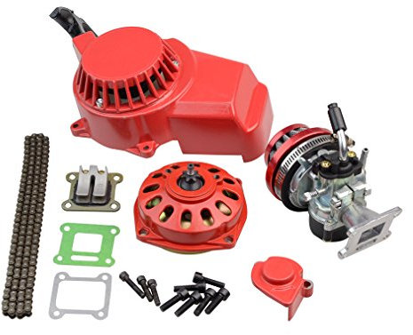 GOOFIT Kit Motore Cinese 44mm Carburatore 19 con Filtro Aria 58mm con Avviamento a Strappo Bici Benzina Ricambi per 2 Tempi 43cc 47cc 49cc Pit Bike Elettrico Kart Ciclomotore Atv Quad Rosso