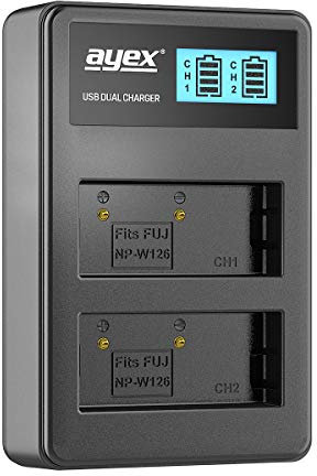 ayex USB Dual Ladegerät Kompatibel mit Fujifilm NP-W126S Akkus für zB X-T2 X-T3 X-T30 X-T30 II X-E3 X-Pro2 X-Pro3 X-H1 X-S10 X100V Lädt per USB zB an Laptop & Powerbank mit LCD-Ladestandanzeige