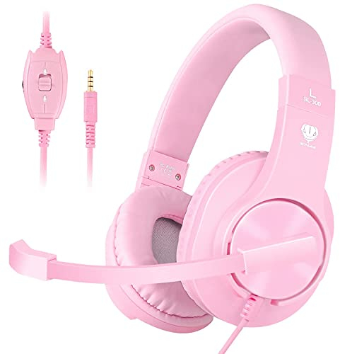 BUTFULAKE Gaming Headsets for PS4, PS5, PC, Xbox one, Nintendo Switch, Noise Cancelling Over-Ear Headphones with Microphone, Gaming Headphones, Bass Surround, Soft Memory Foam, Lightweight (Pink)