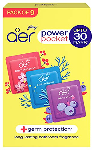 Godrej Aer Power Pocket | Air Freshener- Bathroom and Toilet | Lasts Up to 30 days | Assorted Pack of 9 (90g)