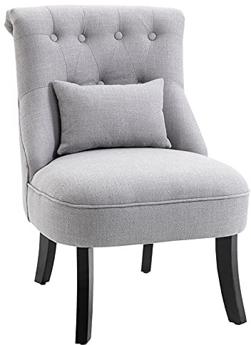HOMCOM Fabric Single Sofa Dining Chair Tub Chair Upholstered W/Pillow Solid Wood Leg Home Living Room Furniture Grey