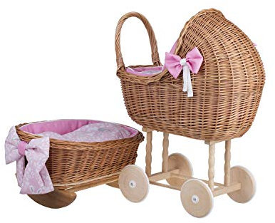 e-wicker24 Bel Ensemble Rose - Landau-Poussette + Berceau en Osier pour poupée (Lapins)