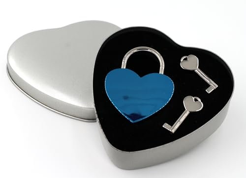 Liebesschloss Herzschloss Blau – Geschenkset mit 2 Schlüsseln in edler Blechdose, ungraviert – Perfekt für Paare, Hochzeit & Valentinstag