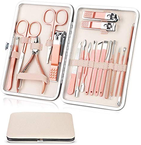 18Pcs Manicure Set Women,Professional Nail Clipper,Stainless Steel Nail Care Kits - Portable Travel Nail Case Pink
