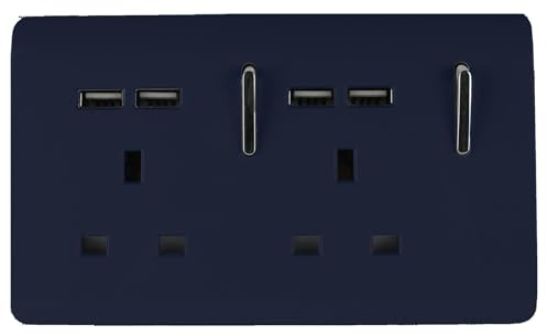 Trendi 2 Gang Artistic Modern Glossy Screwless Raised 13 Amp 240v Short 4 USB Type A Charging Points Double Chrome Switched Electrical Wall Plug Socket Navy Blue - ART-SKT213USBNV