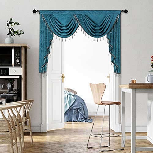 Dicker, doppelseitiger Chenille-Volant für Wohnzimmer, Pfauenblau, Vorhänge mit Perlen für Schlafzimmer, Stangentasche (W150 cm, 1 Panel)