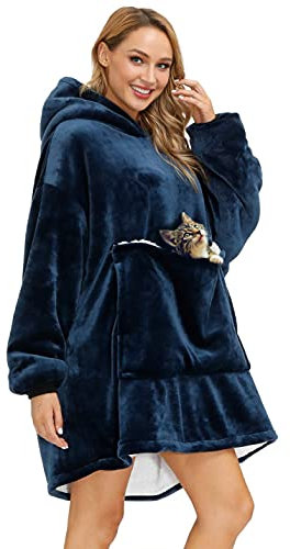 CheChury Sherpa Robe Couverture Chaud Sweat à Capuche Hiver Oversize Réversible Veste à Capuche Flannel Confortable avec Pets Poches Adulte Grande Hoodie Épaisse Polaire Unisex,Marine,One Size