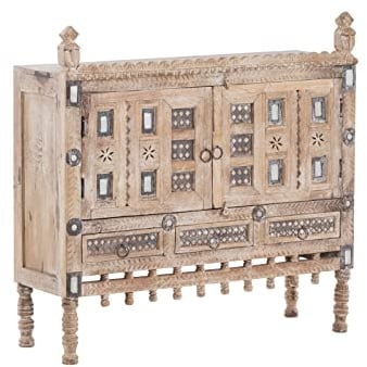 Woodkings® Kommode Damchaya 2türig aus Massivholz Mango, Anrichte Boho Design, Vintage Sideboard weiß mit Schnitzereien Unikat