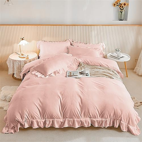 3 Pieces Pink Ruffle Bedding Set with 2 Pillowcase Frills Duvet Cover with Zipper Closure Soft Microfiber Duvet Cover Set King 220x230 cm