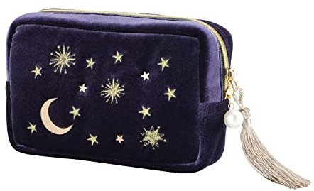Praktische Kosmetiktasche für Make-up, marineblauer Samt, bestickte Applikation, Mond und Sterne, Make-up-Tasche mit Quasten und Perlen-Reißverschluss, Kosmetiktasche, Blau, Medium-B, Trapezförmig