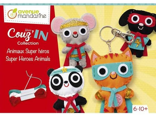 Avenue Mandarine KC146C - Kreativset Mini Couz'IN, 4 Tiere zum Nähen, ideal für Kinder ab 6 Jahren, 1 Set, Superhelden