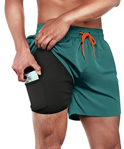 ineepor Badehose Herren mit Kompression Badehose mit innenhose Board Shorts 2 in 1 Reißverschlusstasche kurz Badehose,Blau,L