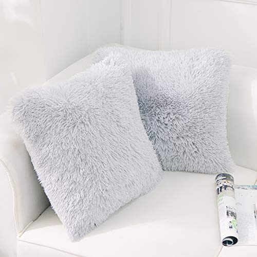NordECO HOME 2er Set kissenbezüge 50x50 cm Kissen Grau Künstlich Pelz Fellkissen Dekorative Deko Kissen Kuschelkissen Flauschig Sofakissen Weich Plüschkissen für Sofa