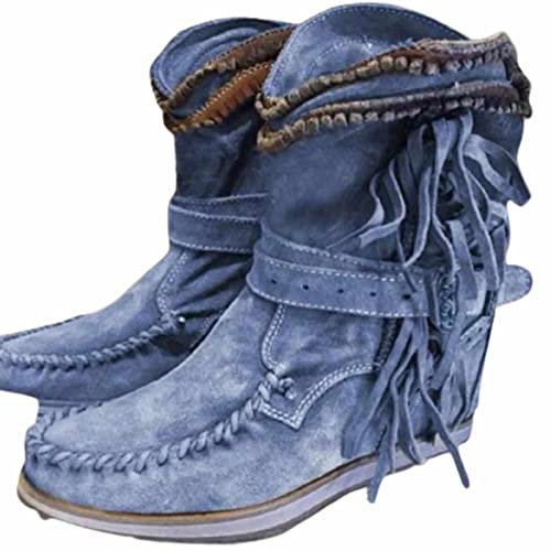 OMEARK Frauen Fransen Cowboy Stiefel, Vintage Flache Wildleder Western Mid-Calf Stiefel, Winter Pelz Futter Slip-On Snip Toe Quaste Cowgirl Stiefel,Blau,41