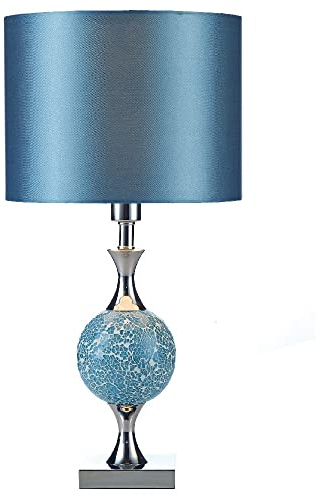 Polished Chrome & Blue Mosaic Glass Sphere Vintage Table Lamp with Faux Silk Drum Shade | 50cm Height | 1 x ES E27 Lamp Bulb Required | UK Approved | in-Line On Off Switch