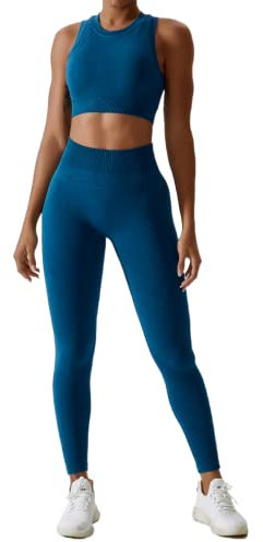 Gym Set Damen Zweiteiler Frauen Crop Tops+High Waist Leggings Sportleggins Lang Leggins Workout Outfit Yoga Kleidung Sportanzug Sportkleidung Fitness Bekleidung Sportsachen Dunkelblau Leggings L