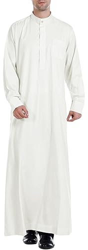 YAOHUOLE Men's Long Sleeve Tunic Robe Side Split Kaftan Long Gown Thobe with Pockets Off White XL