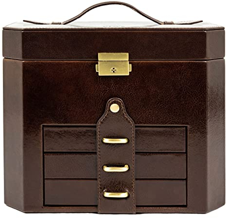 Time Resistance Leder Schmuckkästchen - Braun Schmuckaufbewahrung - Schmuck Verstauen - Schmuckkasten mit Spiegel - Schmuck Organizer mit Vielen Fächern - Jewelry Box