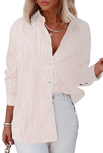 Homlan Chemisier à Manches Longues pour Femme - Rayures - Décontracté - Col en V - Chemise de Travail - Loose -, Rose Clair, XXL