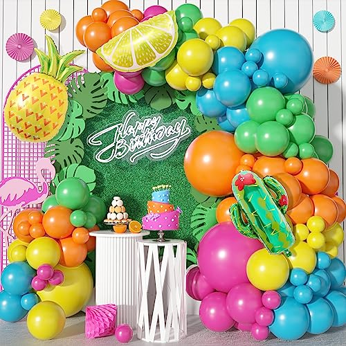 Jobkoo Tropical Balloon Garland Kit, Hawaiian Luau Summer Balloon Arch Teal Pink Orange Yellow Rainbow Balloons with Pineapple Cactus Lemon Balloon for Hawaii Aloha Beach Pool Party Decorations