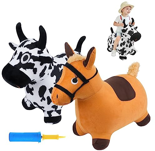 EKEPE Bouncy Hopper Cow & Horse 2 PCS, Inflatable Hopping Outdoor Ride on Bouncy Animal Play Toys with Pump, Birthday for Kids, Toddlers, Boys, Girls 3 4 5 6 Years Old