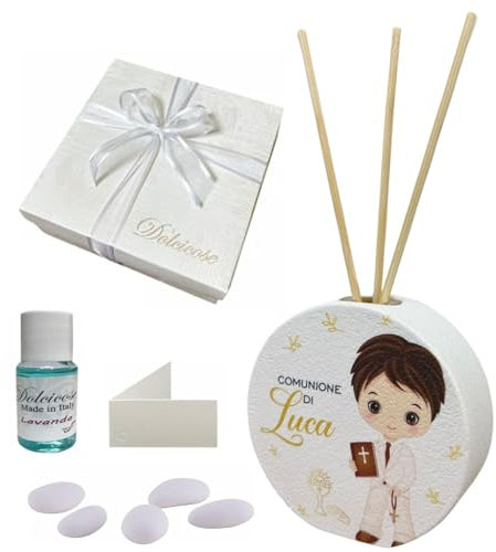 Regalami.shop bomboniera Comunione personalizzata diffusore in marmo di Carrara con scatola, confetti alla mandorla, essenza, nastro in organza e bigliettino personalizzato (comunione bimbo, 1)