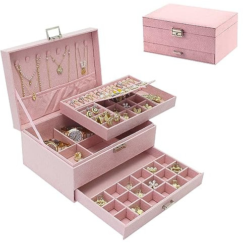 Large Jewelry Organizer Box for Women and Men, Velvet Jewelry Box with Lock and Drawers, 3-Tier Display Case, Varying Compartments for Necklace, Bracelets, Earrings, Rings and Watch (Pink)