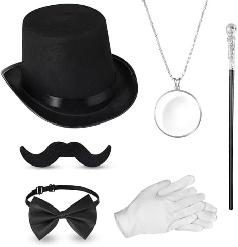 BBTO 6 Stück 1920er Jahre Herren Accessoires Gentleman Kostüm Zylinder Hut Rundkopf Zepter Lupe Halskette Krawatte Handschuhe Bart für Männer (Klassisch, Vintage Stil)