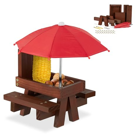 Relaxdays Eichhörnchen Tisch, Bausatz, Holz, Eichhörnchenbank mit Schirm & Maiskolbenhalter, zum Aufhängen, braun/rot, 1 Stück
